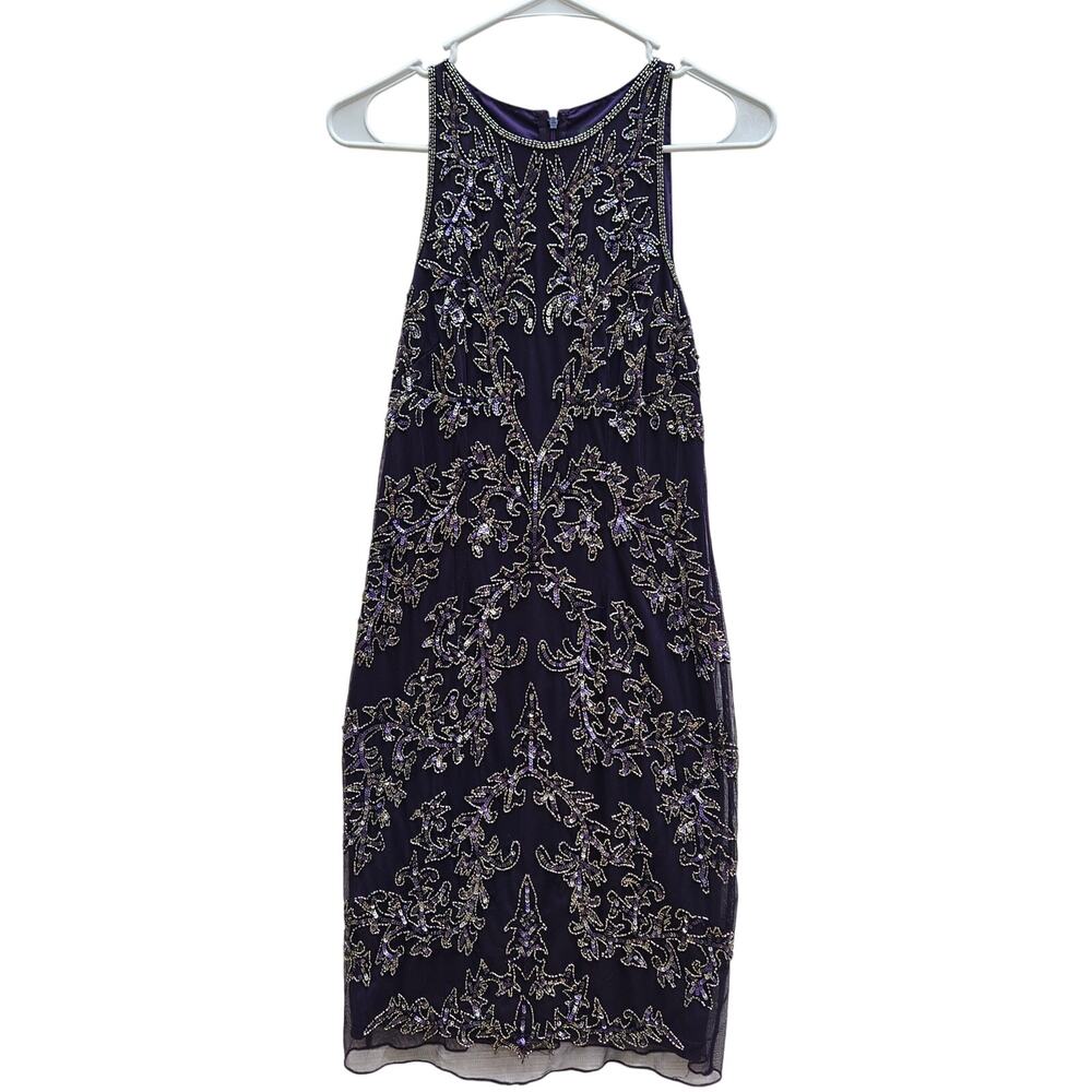 Adrianna Papell Eggplant Beaded Sequin Mini Dress Size 4 Cocktail Formal